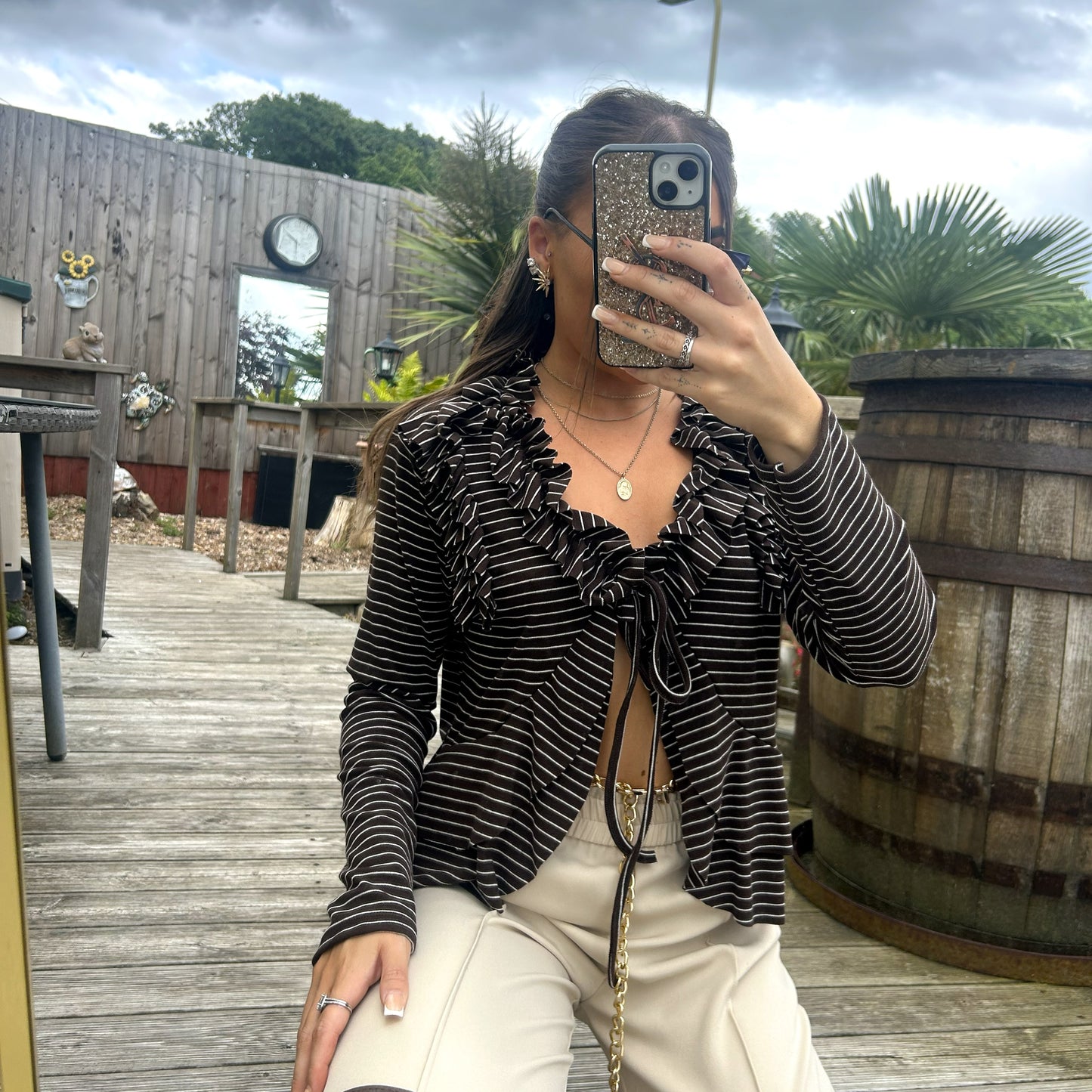 Stripe Ruffle Tie Front Top