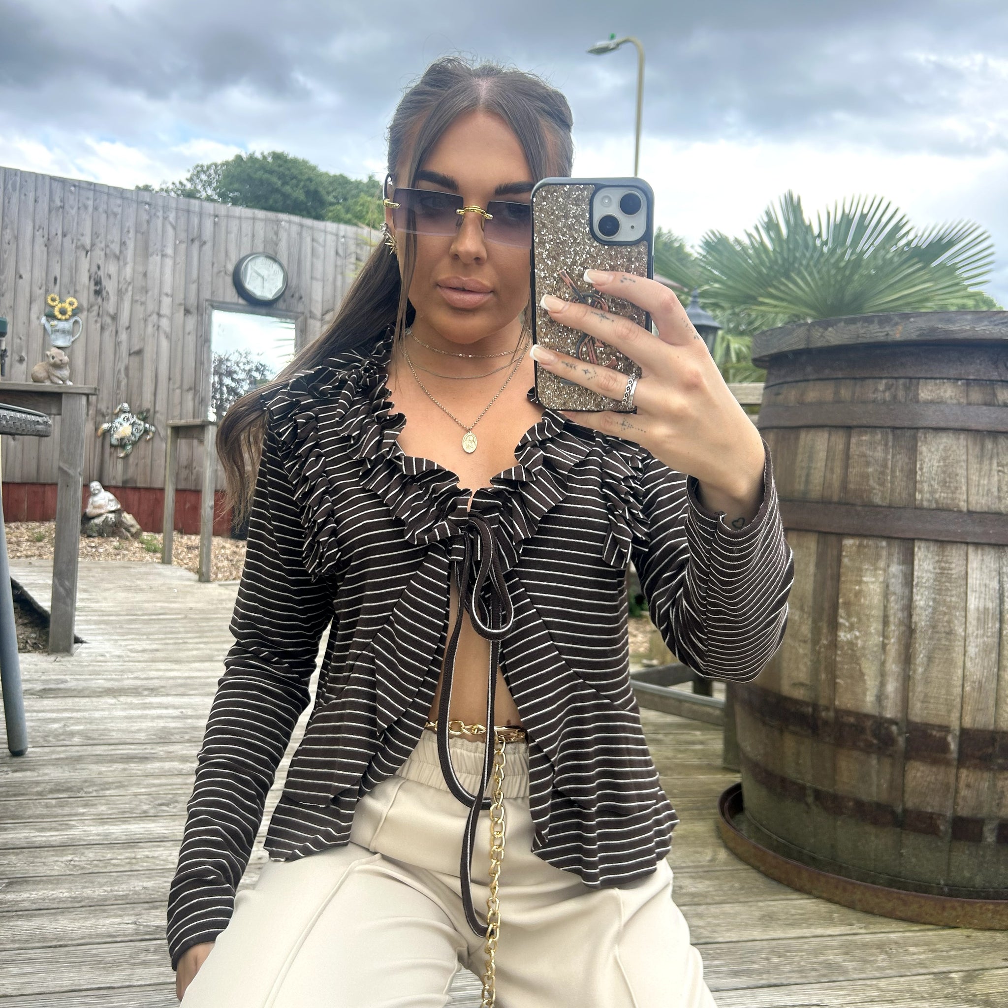 Stripe Ruffle Tie Front Top