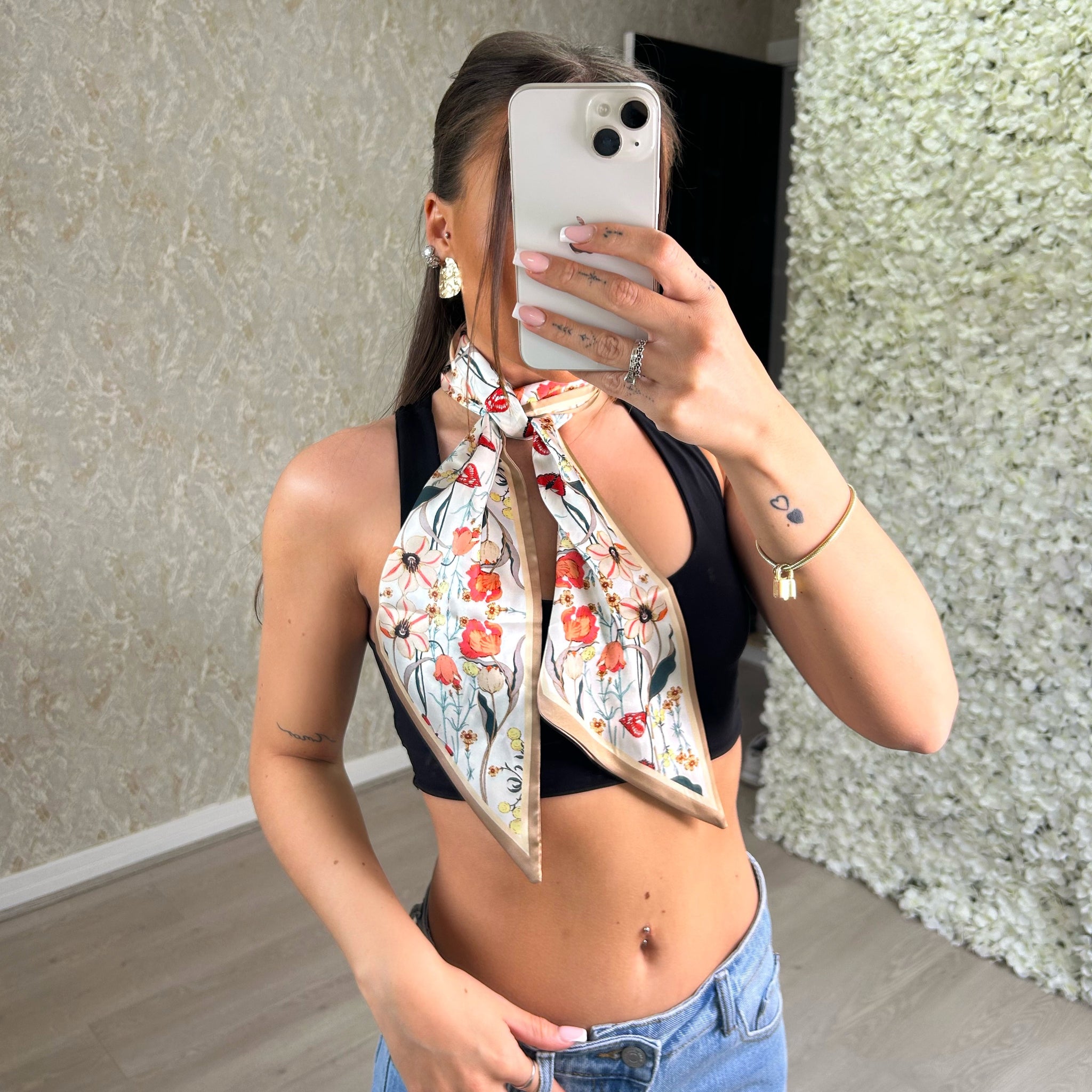 Flower Print Silk Neck Scarf