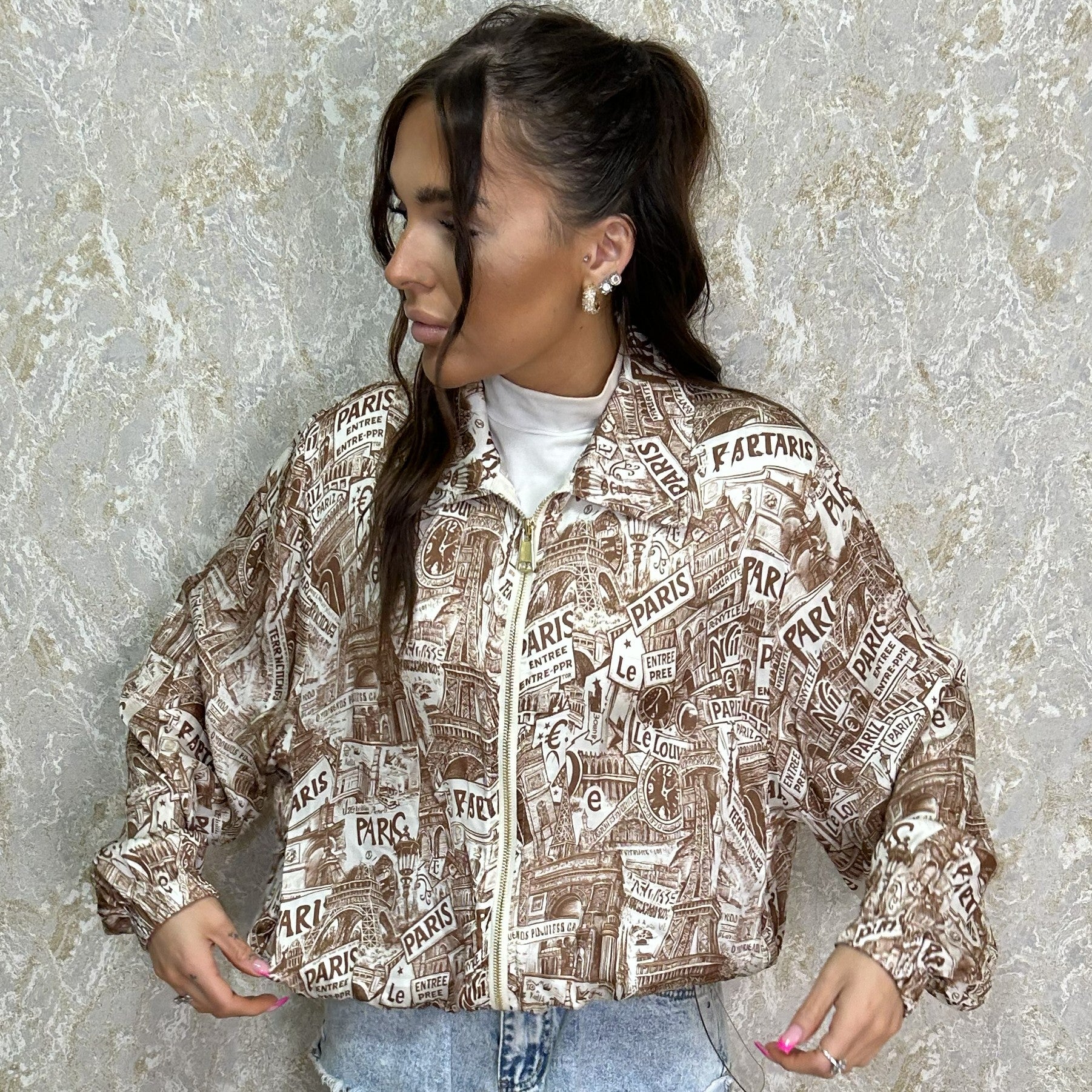 Satin Feel 'Paris' Print Bomber Jacket