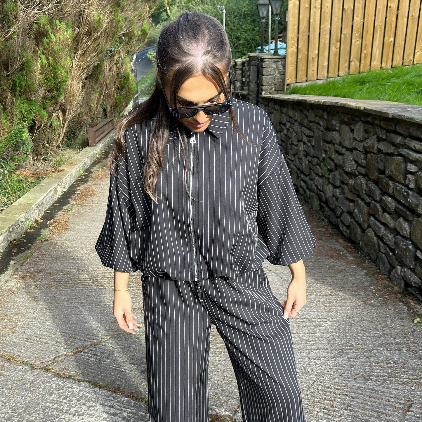 'Thea' - Pinstripe Zip Cropped Jacket