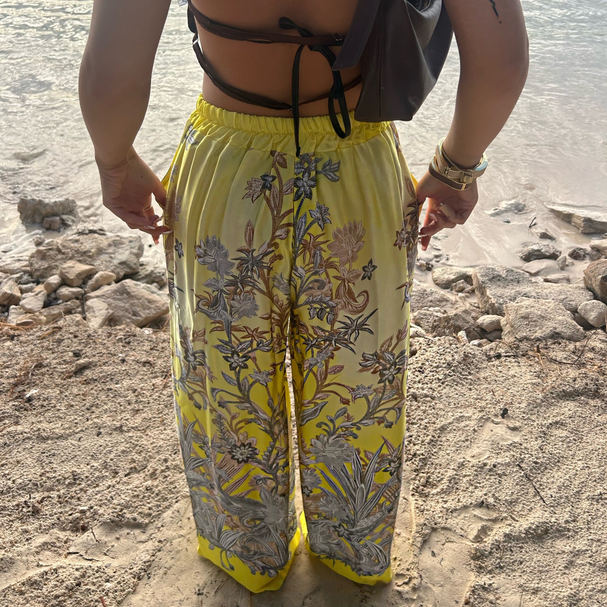 Yellow Flower Print Straight Leg Trousers