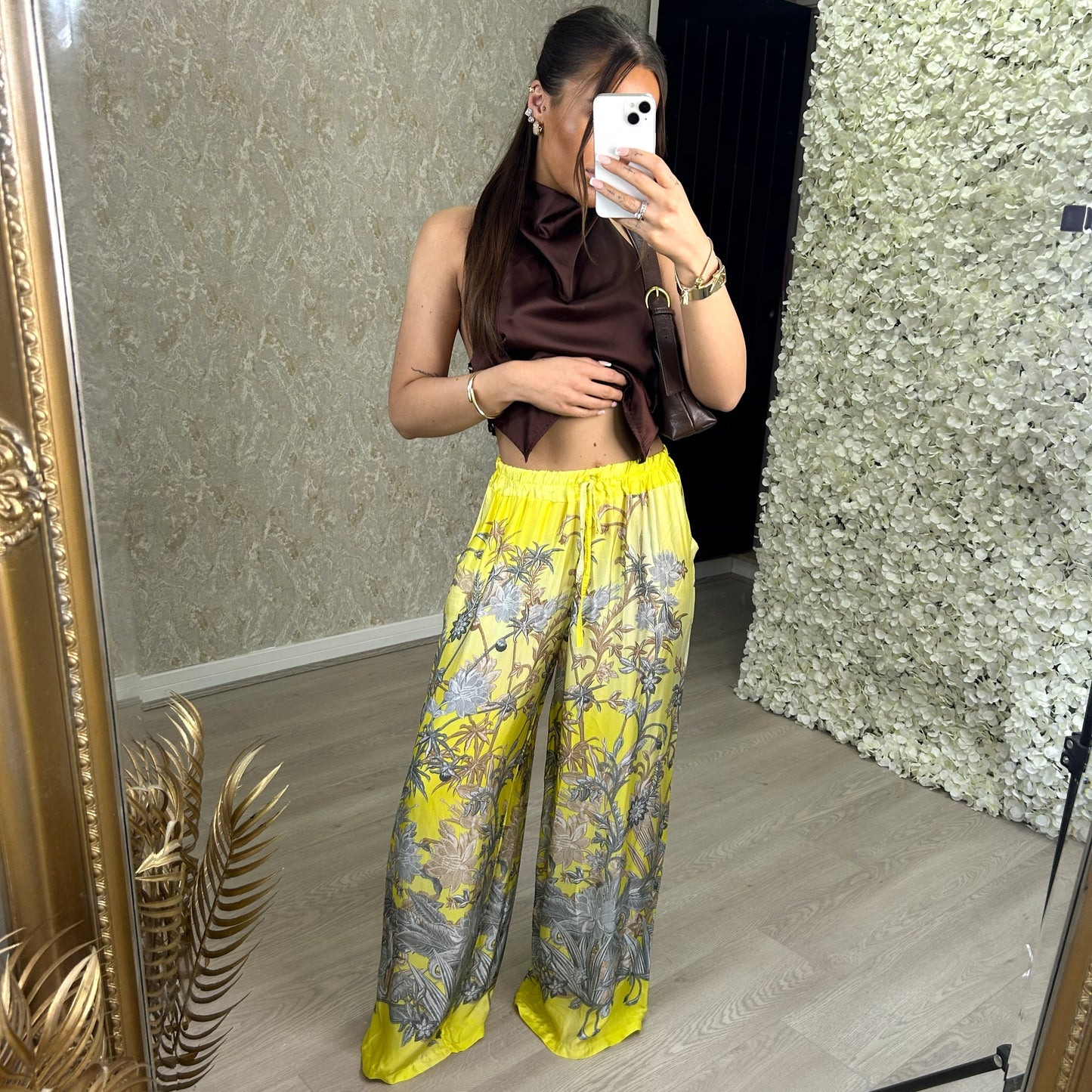 Yellow Flower Print Straight Leg Trousers
