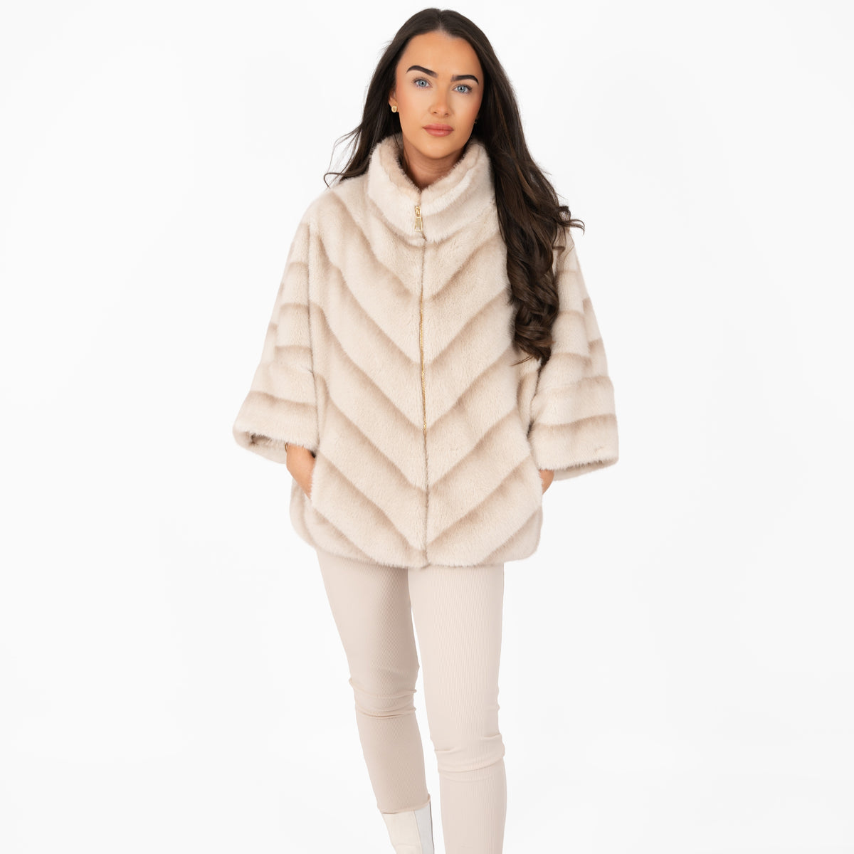 Beige Two Tone Faux Fur Coat