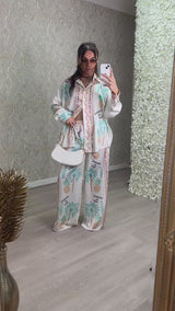 Palm Tree And Pineapple Print Satin Feel Trousers