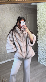 Beige Two Tone Faux Fur Coat