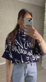 Navy Graffiti Slogan 3/4 Sleeve Jumper