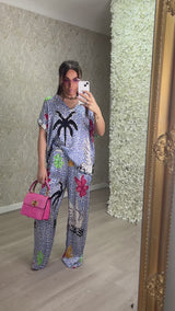 Leopard And Palm Tree Print Satin Feel Trousers