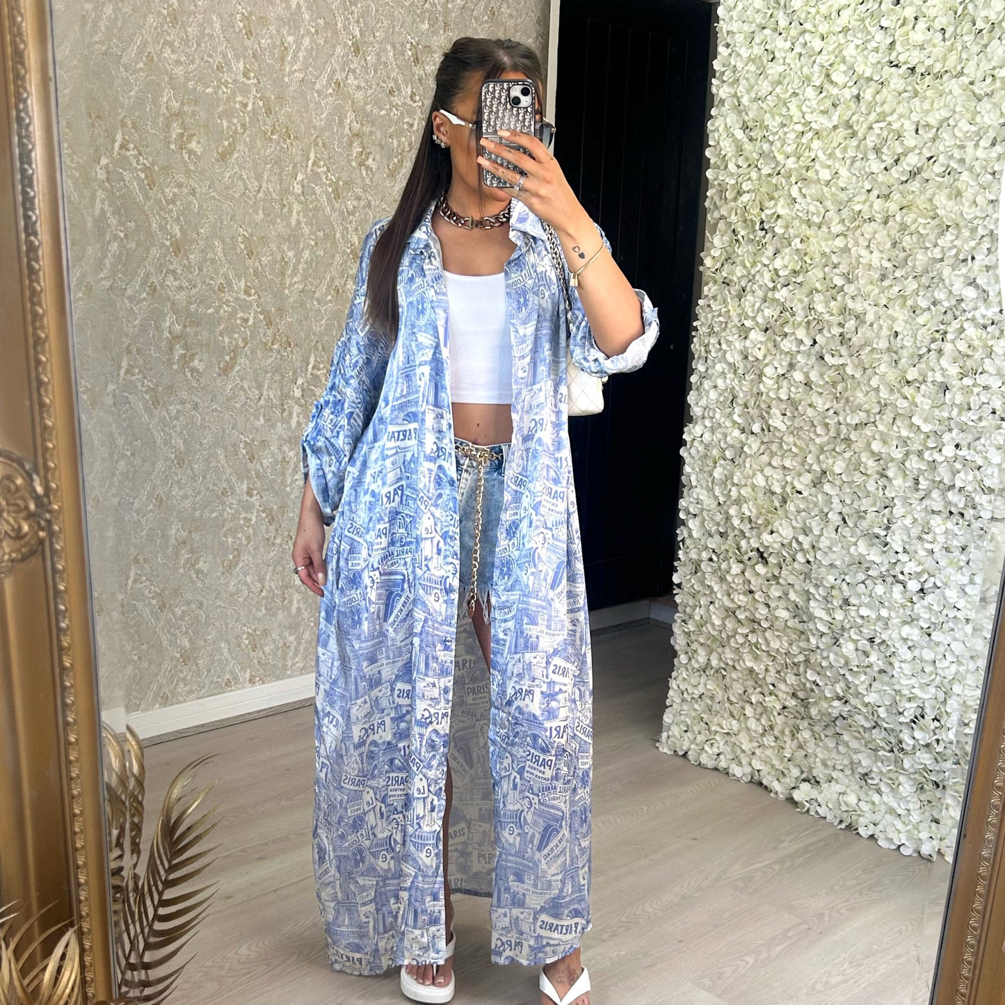 Paris Print Satin Shirt Dress/Kimono