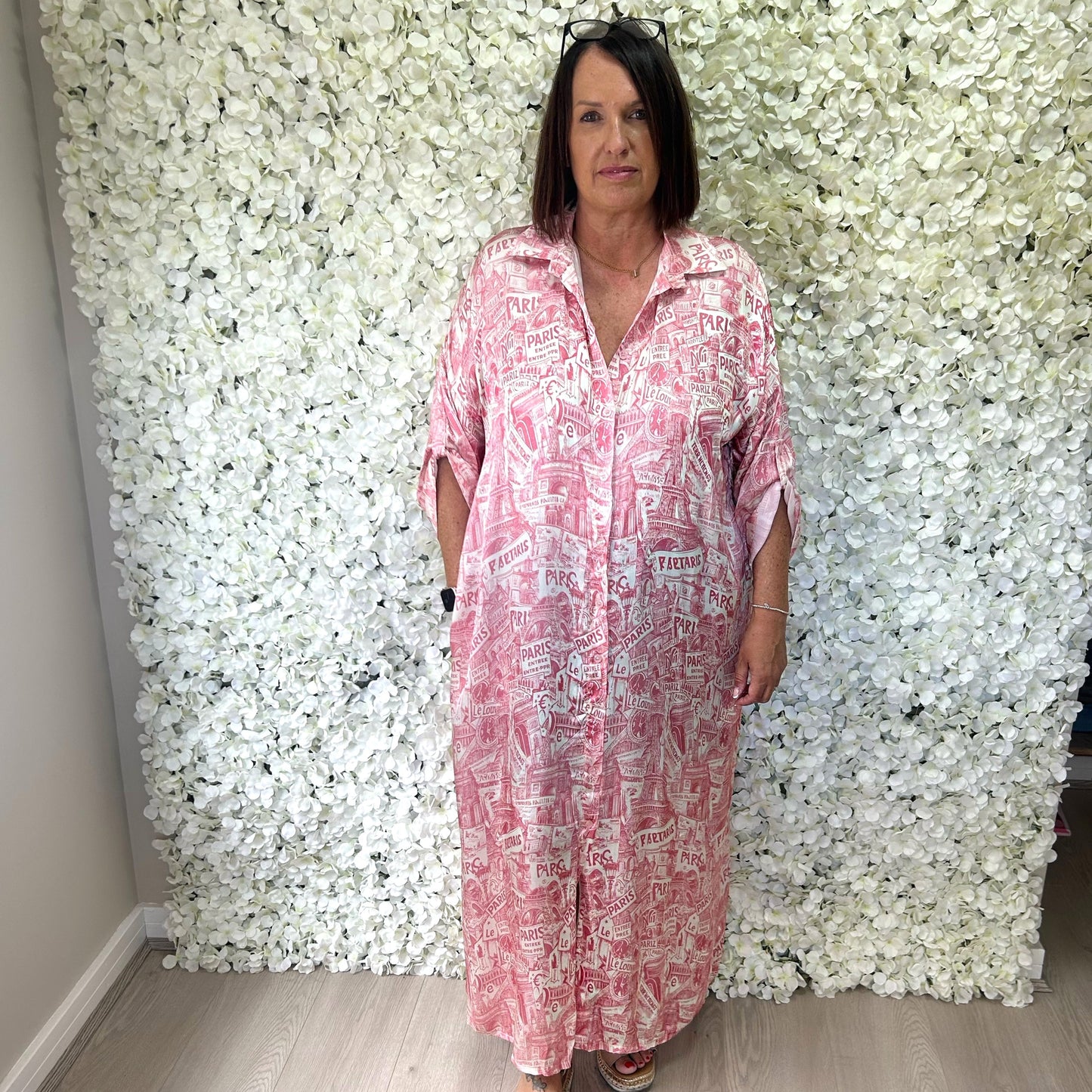 Paris Print Satin Shirt Dress/Kimono