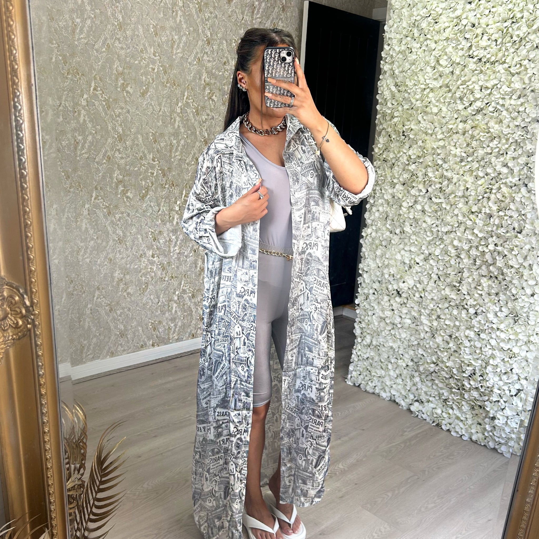 Paris Print Satin Shirt Dress/Kimono