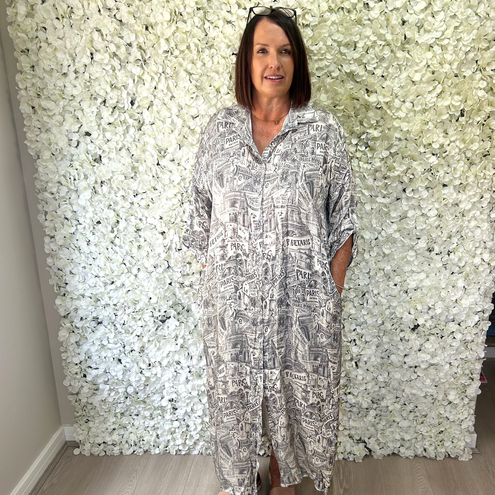 Paris Print Satin Shirt Dress/Kimono